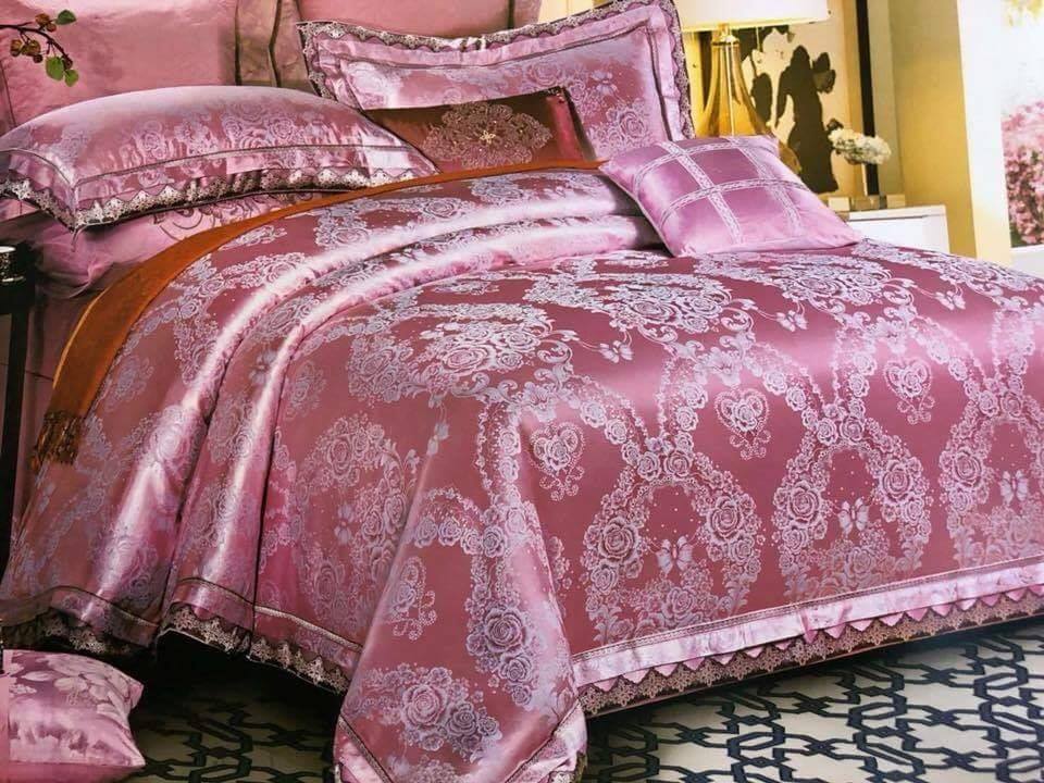 ชุดเครื่องนอนผ้าแพรสีชมพูกะปิ